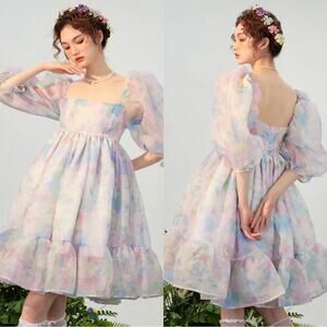 SELKIE French Puff Tulle Organza Floral Midi Dress in Watercolor Size XS